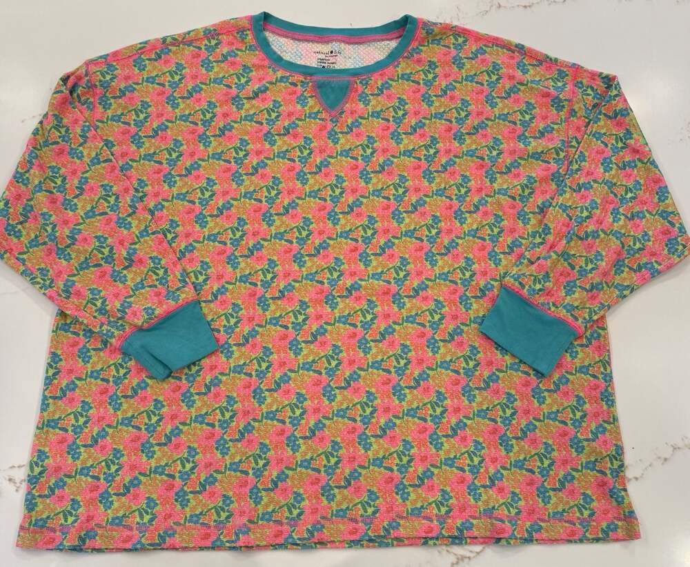 Natural Life Pink Floral Waffle Knit Pajama Top Size L
